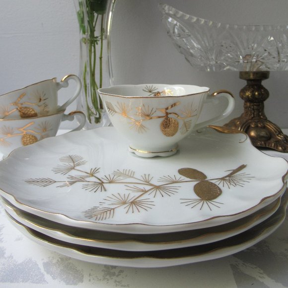 Fine Porcelain 3 Pairs Mug & Saucer Golden Pine, Japan - Picture 5 of 16